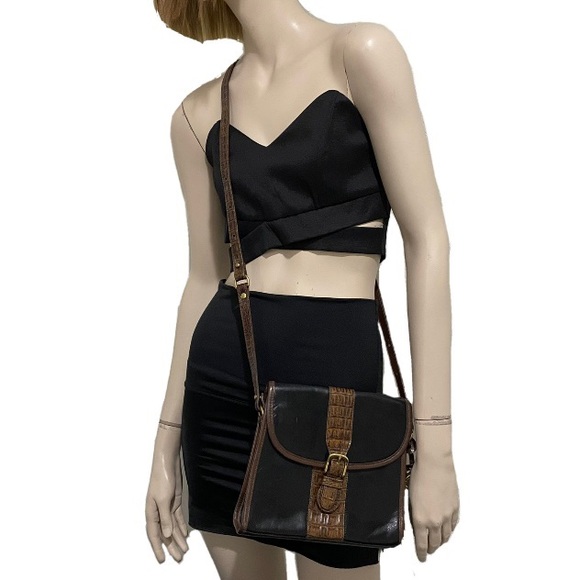 Vintage 80’s Brahmin Black/Brown Croc Leather Crossbody Bag - Picture 3 of 16